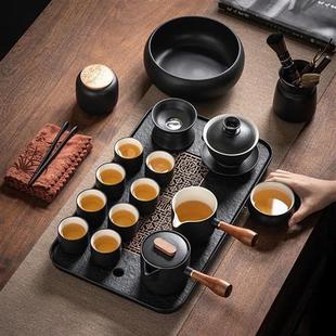 日式 高档黑陶功夫茶具套装 家用整套茶杯禅风盖碗办公茶盘粗陶瓷泡
