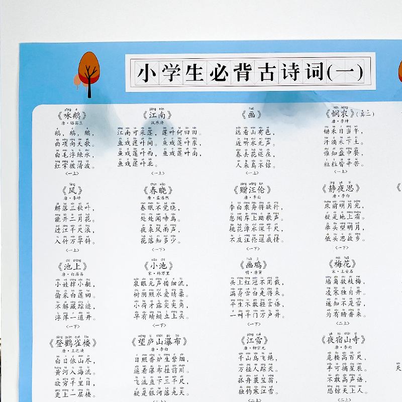 小学生一周一首儿童必读必背古诗词大全75首80首集挂图墙贴贴画