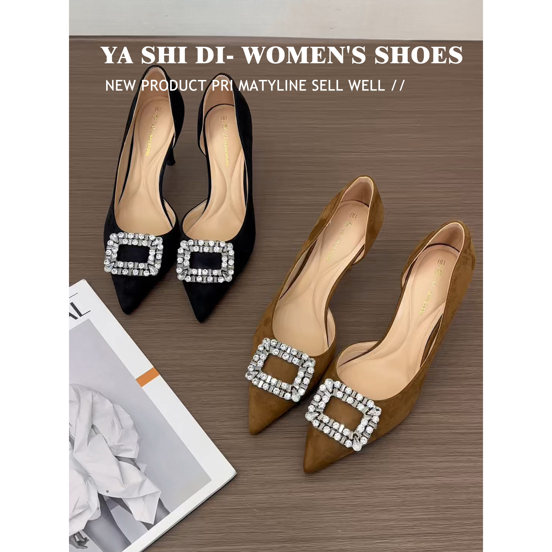 绒面侧空浅口高跟鞋女细跟高级不累尖头水钻方扣脚配喇叭裤高跟鞋