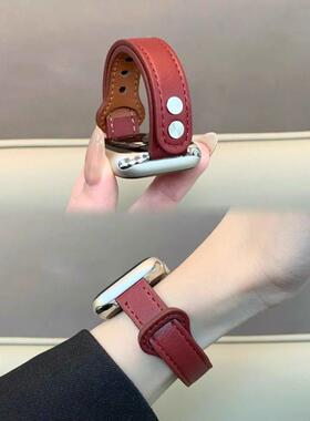 适用watchS11表带987小蛮腰双钉真皮SE手表iwatch10腕带