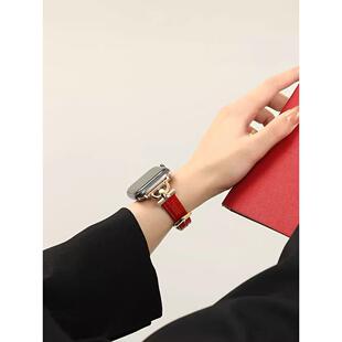 iwatch表带高级感红色小牛皮真皮适用苹果手表applewatch小众百搭