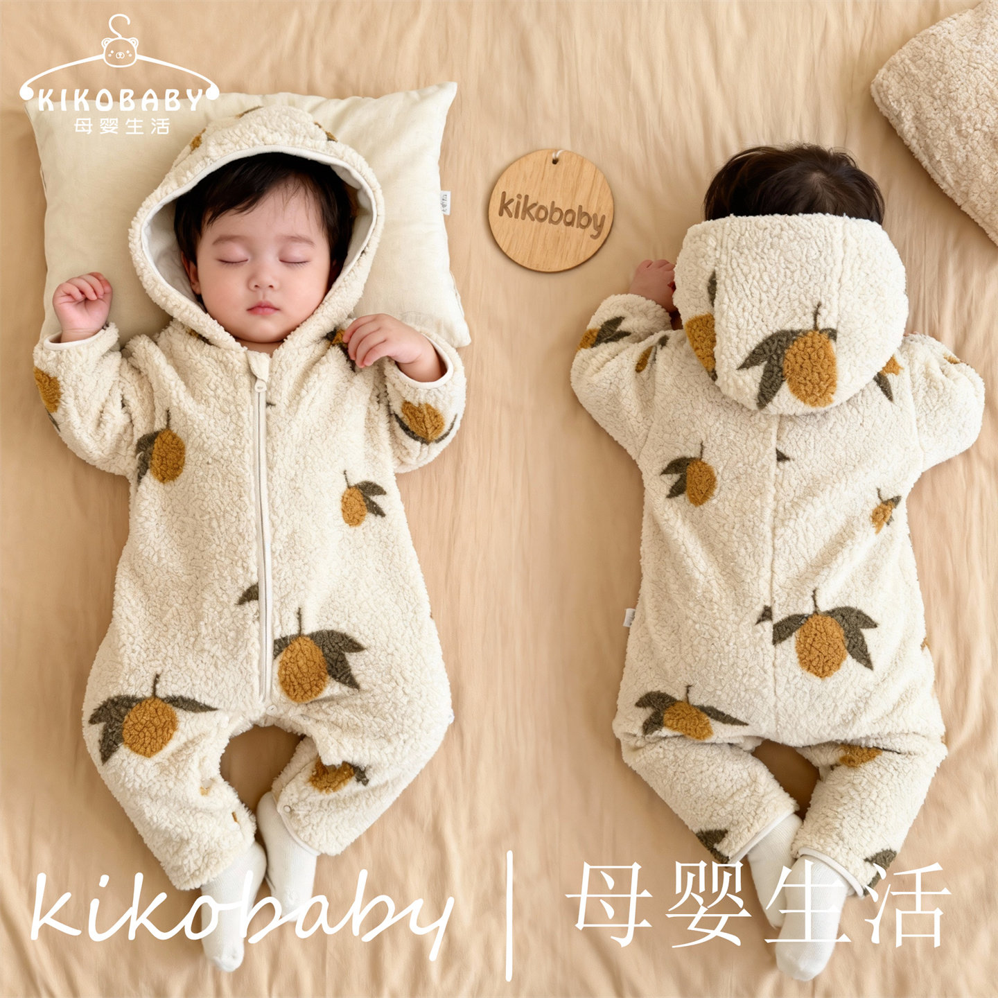 KIKOBABYins北欧风棉服秋冬季婴儿连帽连体衣保暖摇粒绒外出爬服
