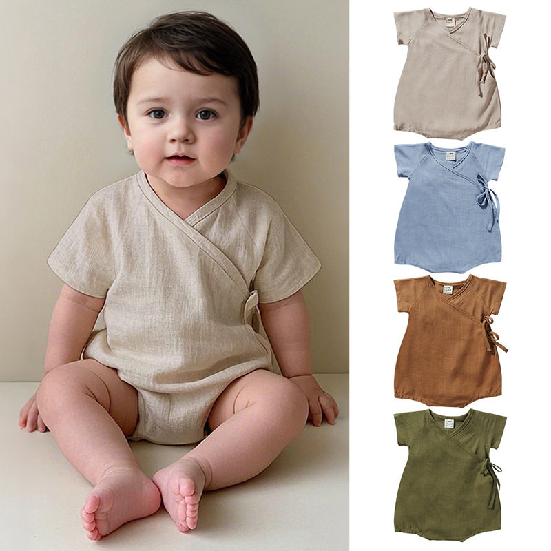 KIKOBABY婴儿棉麻短袖连体衣服男宝宝三角哈衣爬服包屁衣 和尚服