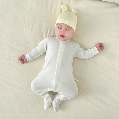 KIKOBABY新生婴儿长袖纯色长爬包腿连身衣月子服棉连脚哈衣连体衣