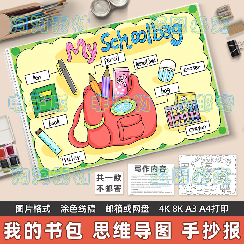 my schoolbag英语手抄报小学生我的书包文具英文单词思维导图模板