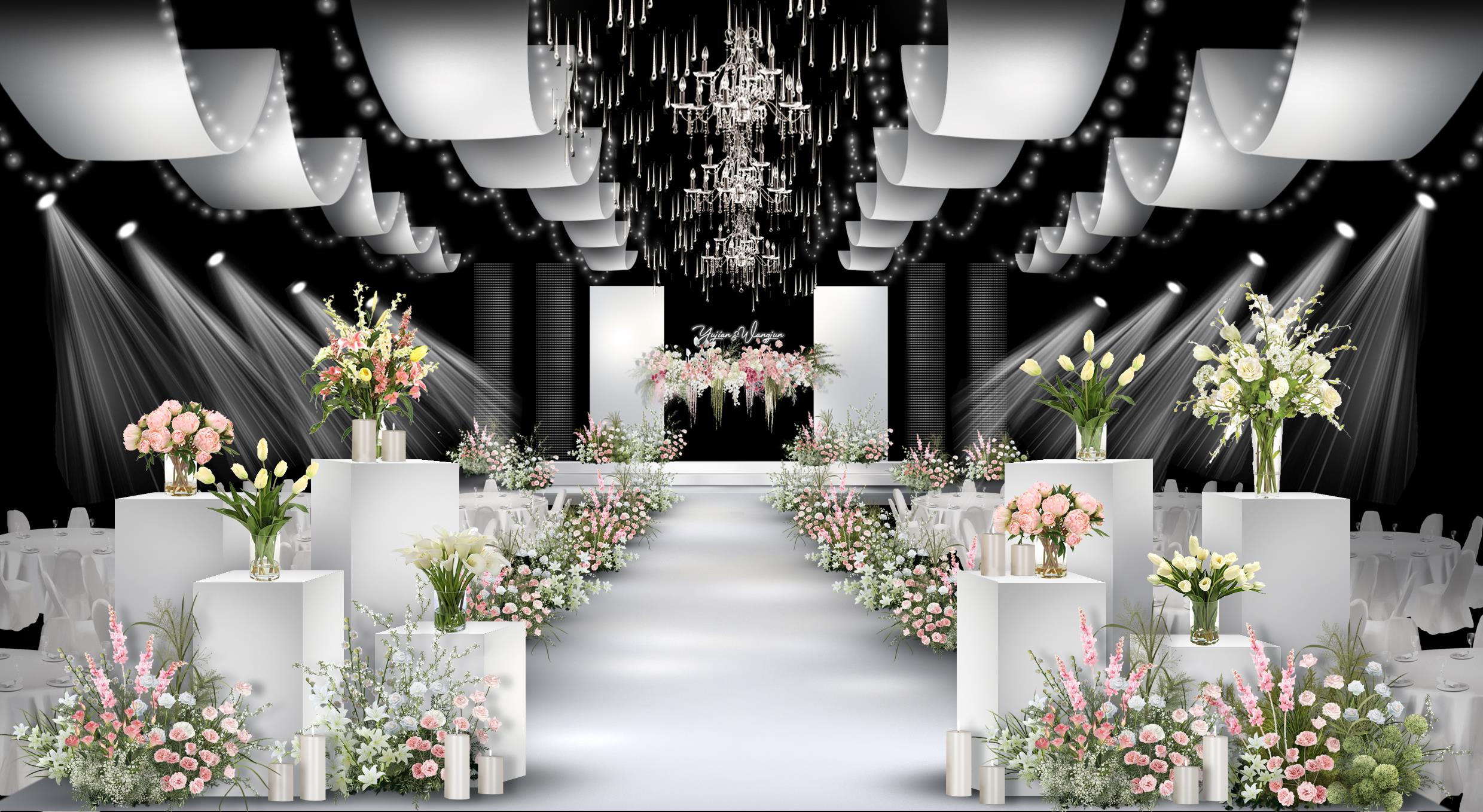 白绿粉色花艺韩式清新水晶吊顶素材婚礼手绘效果图psd分层文件