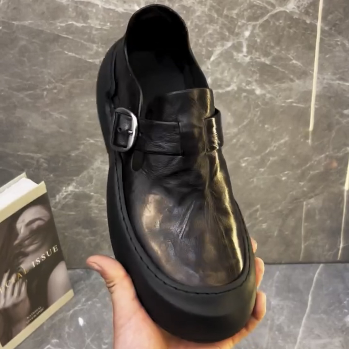 广州男士夏季编织水牛皮透气时尚大头厚底懒人皮鞋休闲男鞋1987帅