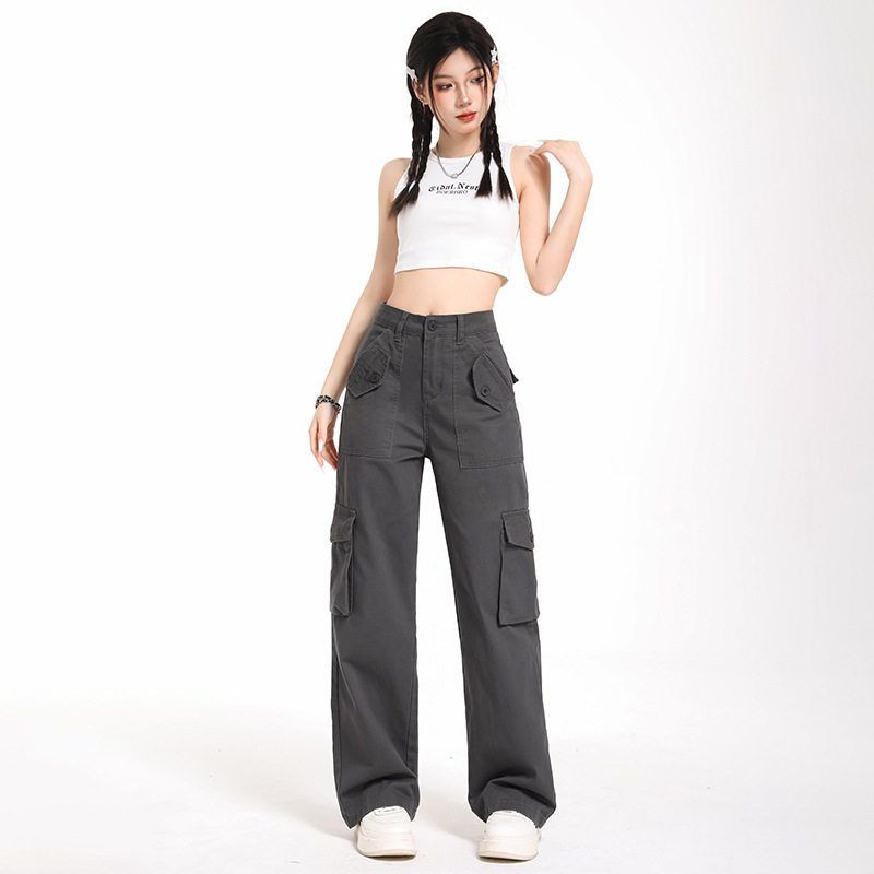 2025春夏薄款灰色高街辣妹高腰直筒休闲工装裤女高个子显瘦拖地裤