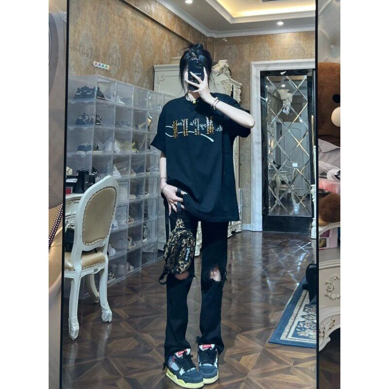 夏季新款黑色破洞牛仔裤男女美式高街休闲百搭基础款直筒潮流长裤