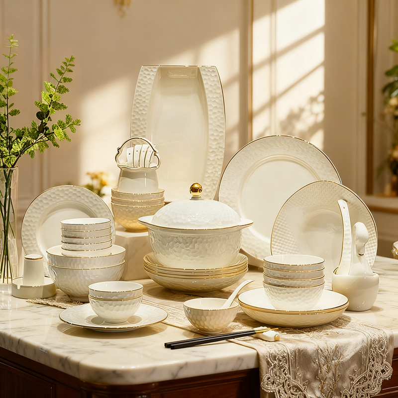 景德镇餐具高档轻奢釉下彩酒店碗碟套装家用骨瓷碗盘纯白金边碗筷