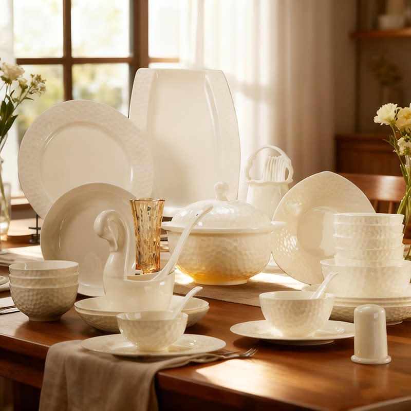 景德镇骨瓷餐具高档乔迁新居纯白碗盘组合釉下彩碗碟套装家用轻奢