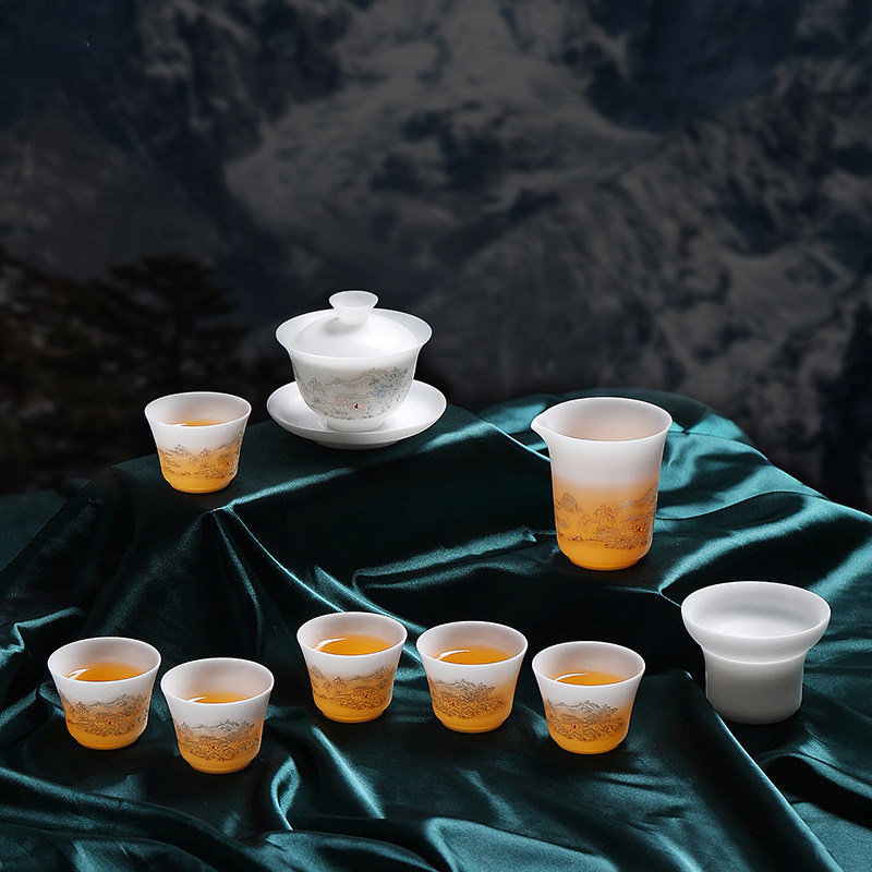 会客冰种羊脂玉茶具套装