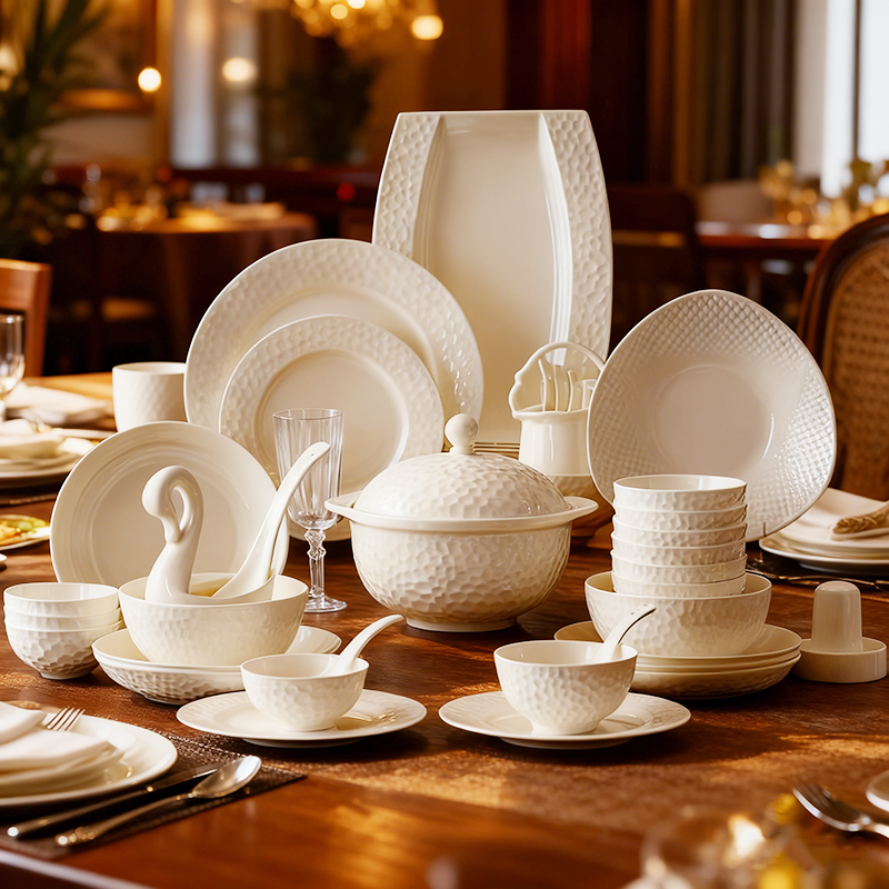 高档釉下彩骨瓷家用送礼碗碟套装