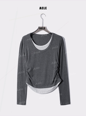 工作室原创AELE收腰假两件拼接休 T853 2636 AD闲长袖上衣