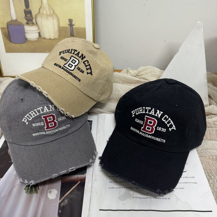 25年秋冬新款刺绣字母B棒球帽青年韩国东大门代购做旧破洞鸭舌帽