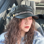 1.10现货黑色皮帽女韩国东大门代购 时尚 休闲平顶货车帽鸭舌帽百搭