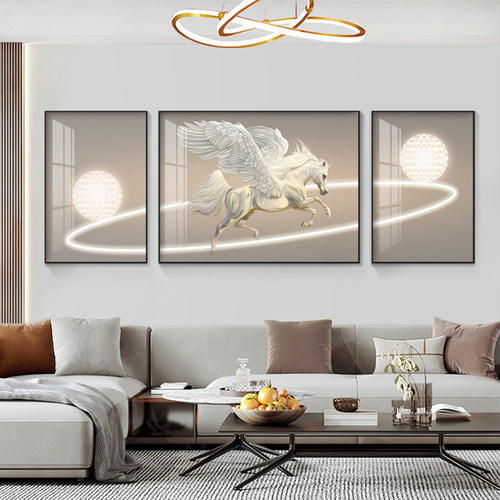 马到成功现代简约客厅装饰画高级轻奢晶瓷挂画沙发背景墙三联壁画