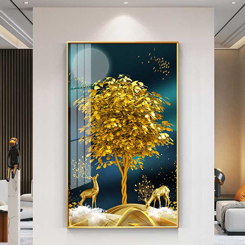 入户玄关装饰画轻奢高档招财发财树挂画走廊过道鹿客厅壁画高级感