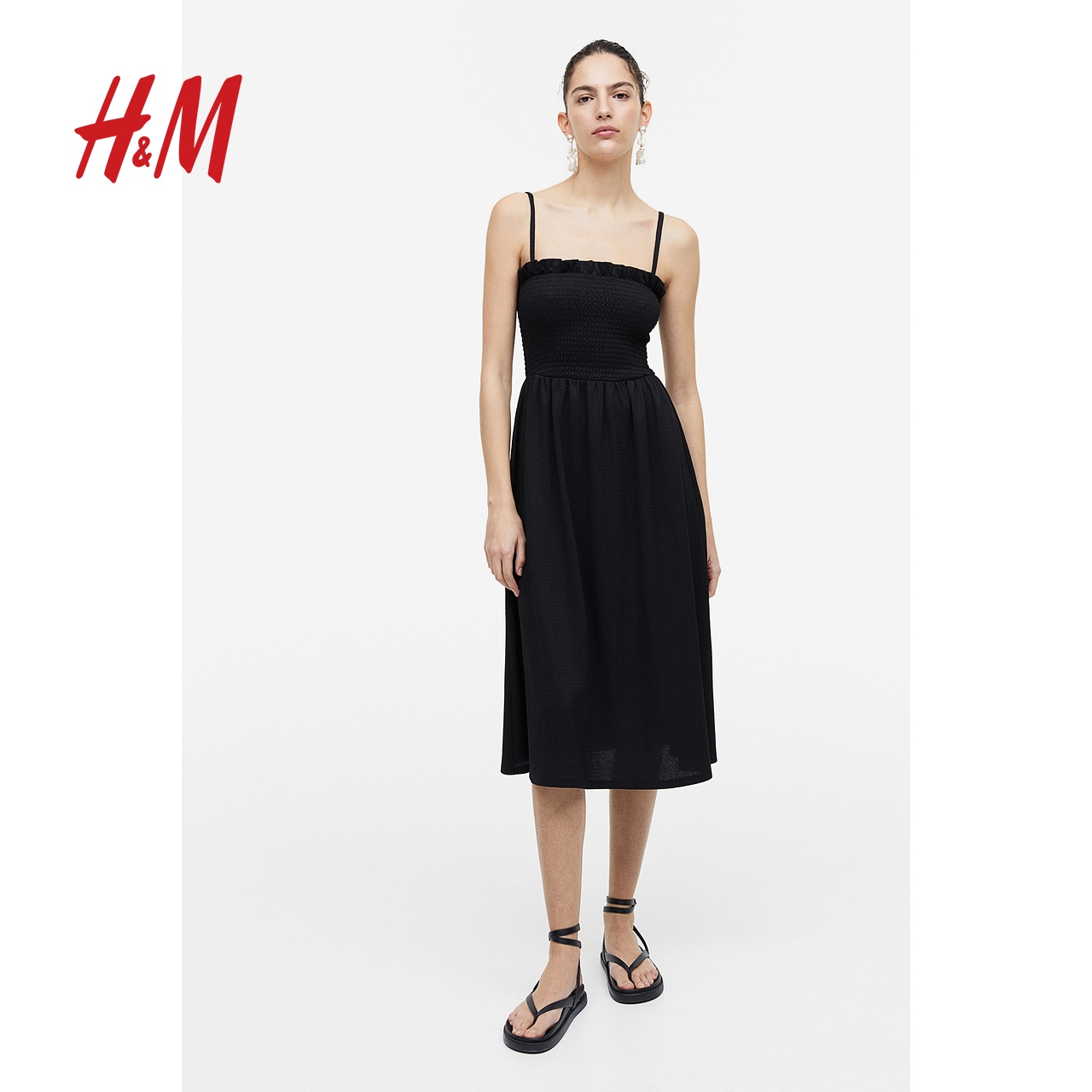 HM女装连衣裙2023夏季新品中长款微喇上身缩褶吊带连衣裙1154667