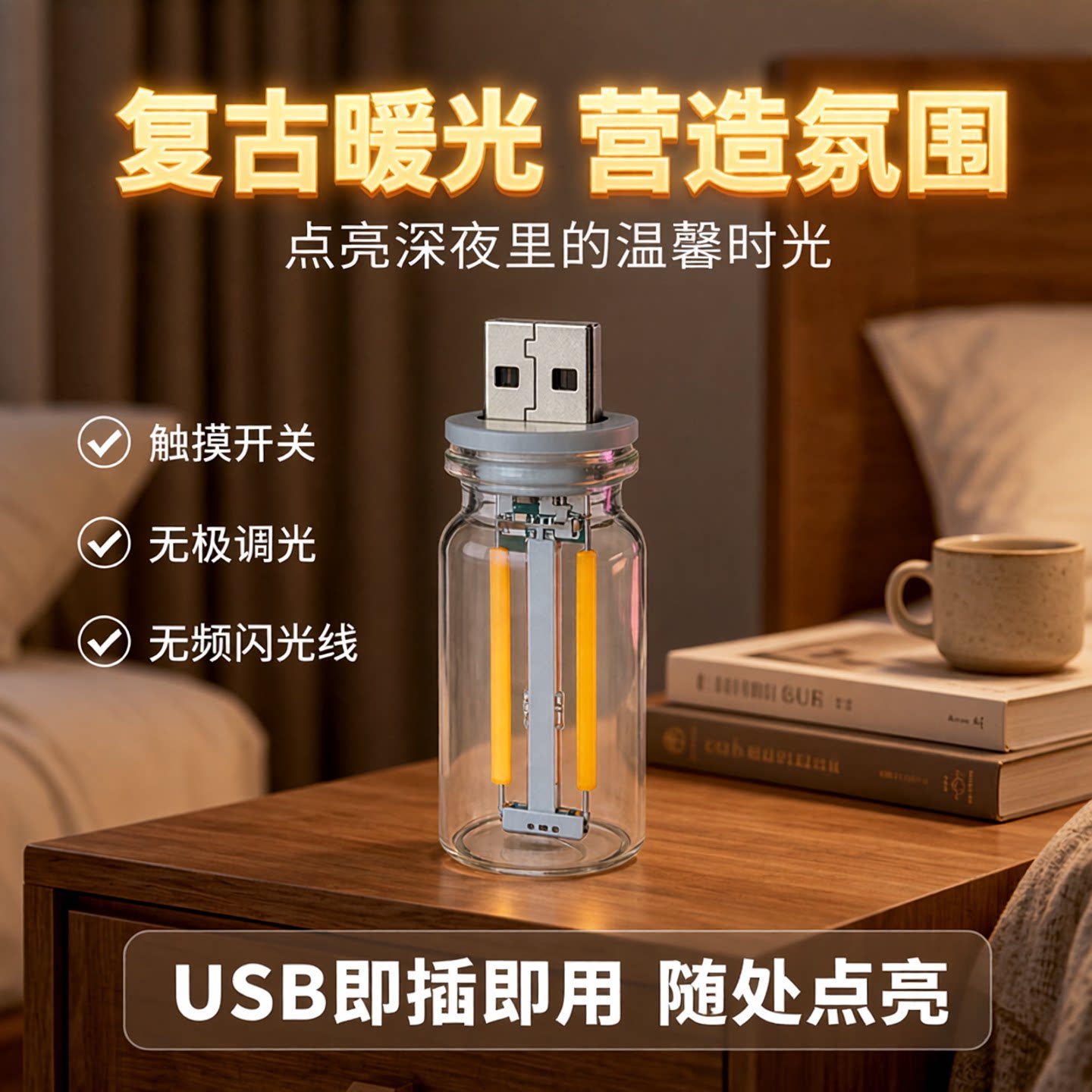 亮斐陶瓷灯丝LED小夜灯触控无极调光USB创意氛围灯车载装饰桌搭