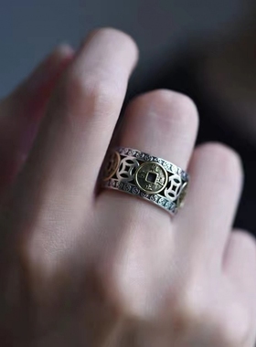 新款钱戒指镀S925银仿铜钱币男女款国潮复古个性霸气