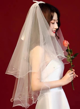 头纱白色蝴蝶结新娘领证登记求婚用轻小头饰简约高级感头花发夹卡