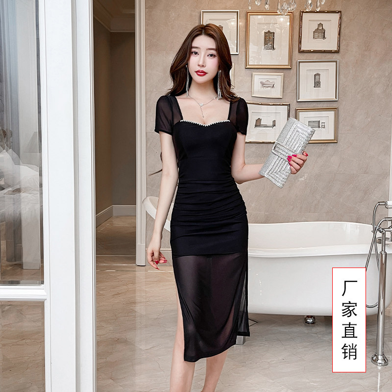 夜总店性感连衣裙柔式工衣黑色不规则修身显瘦礼服足浴技师工作服