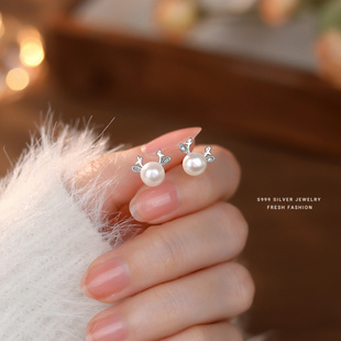 s999足银天然淡水珍珠小鹿耳钉女韩版百搭简约一鹿有你纯银耳饰