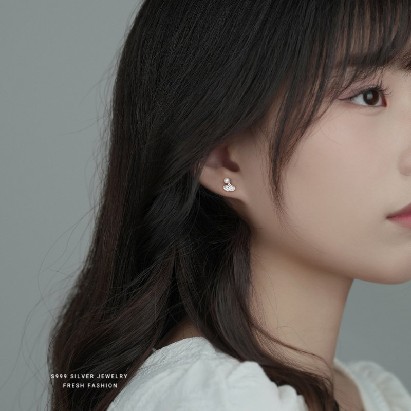 s999足银镶钻银杏叶圆珠耳钉女简