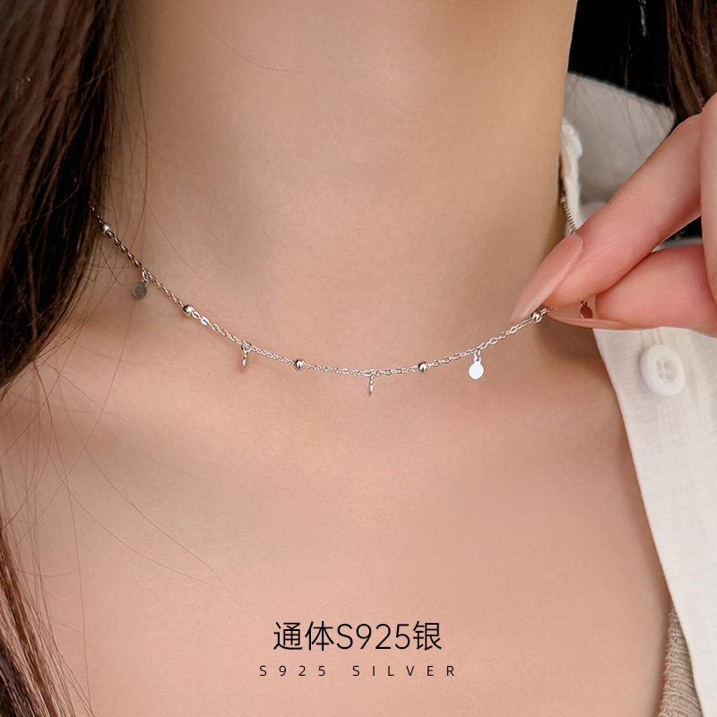 S925纯银小圆片项链女2026年新款韩国极简风小众流苏素链锁骨链