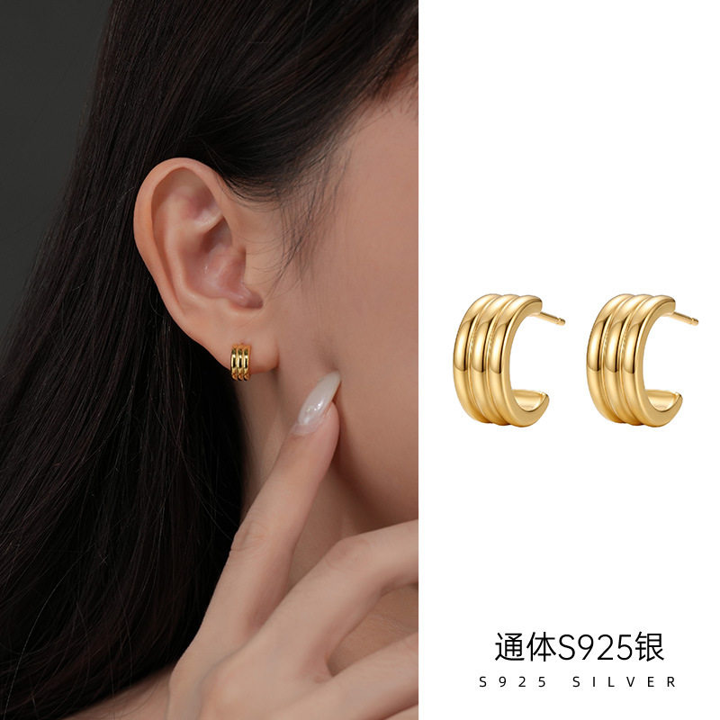 S925纯银欧美风C形时尚耳钉耳环