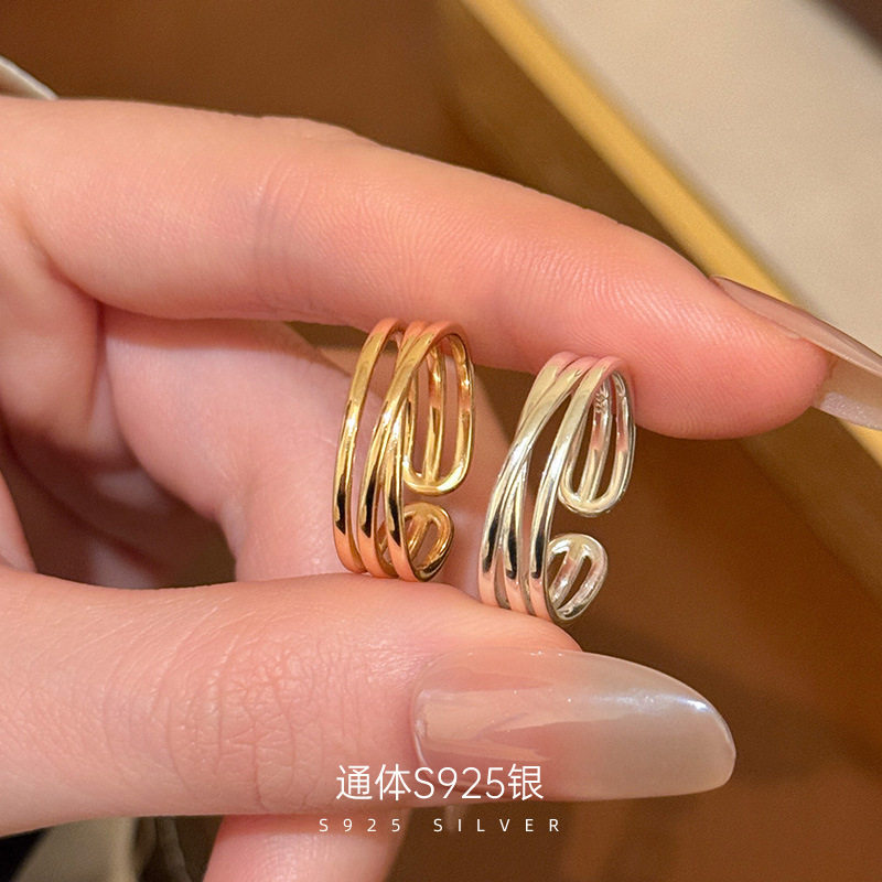 榕树下S925纯银冷淡风多层交叉开