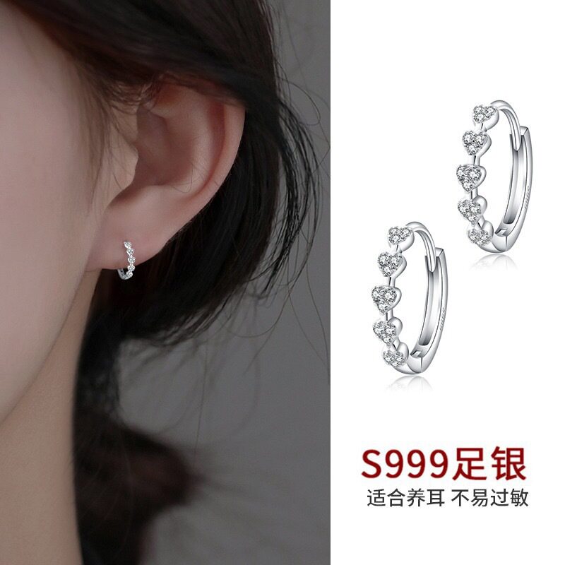 爱心锆石耳钉女S999足银耳圈小众