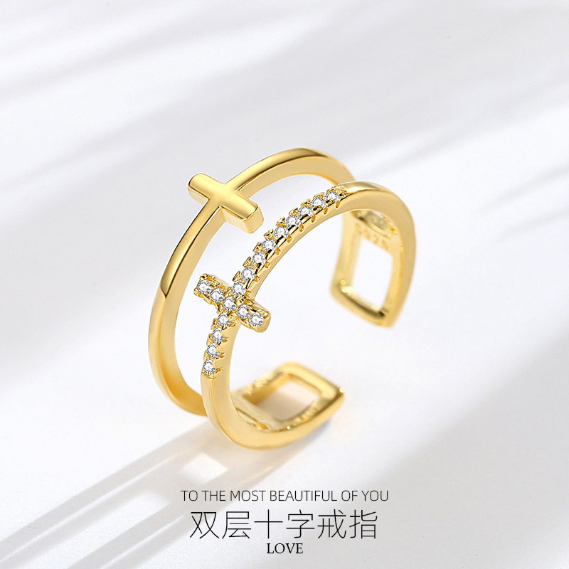 S925纯银双层戒指镶钻锆石女戒日韩清新蝴蝶结爱心形饰品开口指环