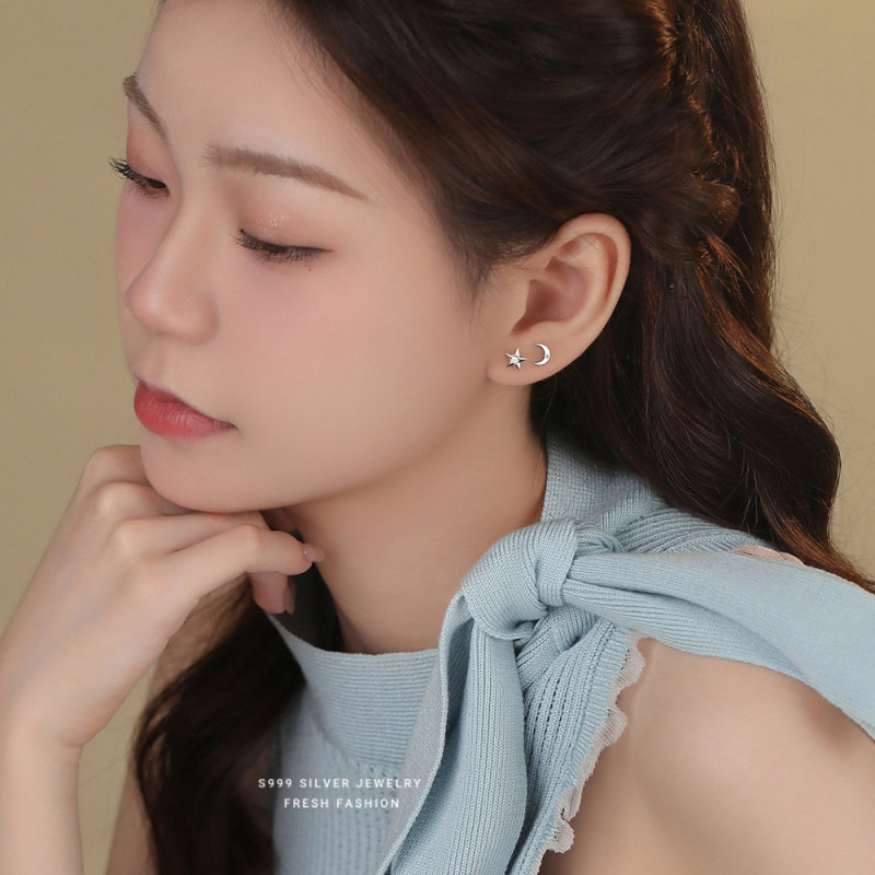 s999足银星月耳钉女纯银不对称时
