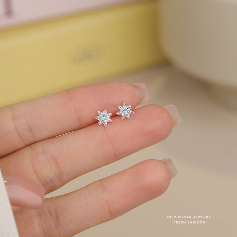 S999足银小清新浅蓝七芒星耳钉女