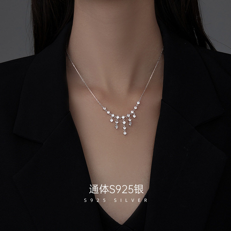 星河瀑布S925银满钻流苏项链女小