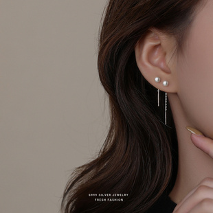 s999纯银天然淡水珍珠耳线女时尚轻奢优雅流苏耳钉足银长款耳饰