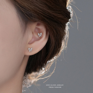 s999纯银微镶锆石蝴蝶耳钉女森系小清新小巧百搭时尚韩版足银耳饰