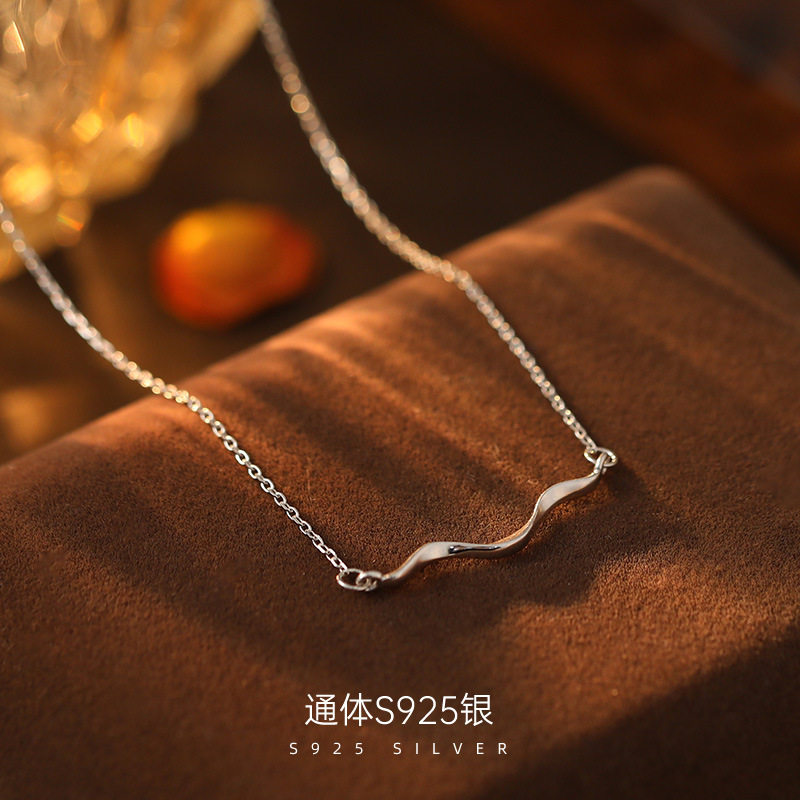 榕树下S925银文艺波浪线项链女简