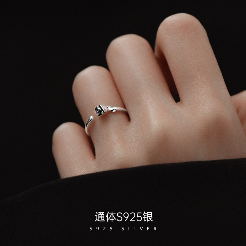 榕树下S925银做旧玫瑰花戒指女复