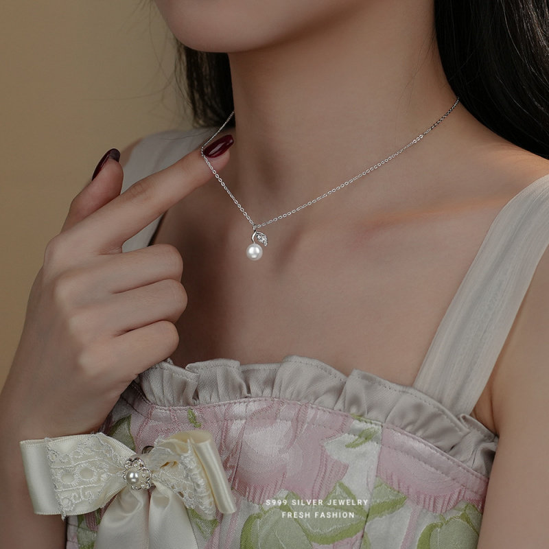 s999足银叶子珍珠项链女纯银森系