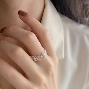 S999足银新款蕾丝花朵戒指女纯银时尚饰品韩版轻奢时尚开口指环