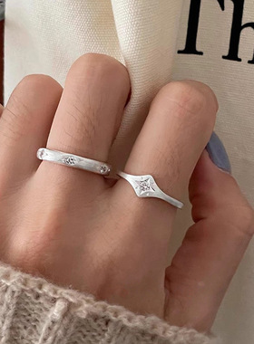 s925纯银磨砂拉丝八芒星闪钻戒指