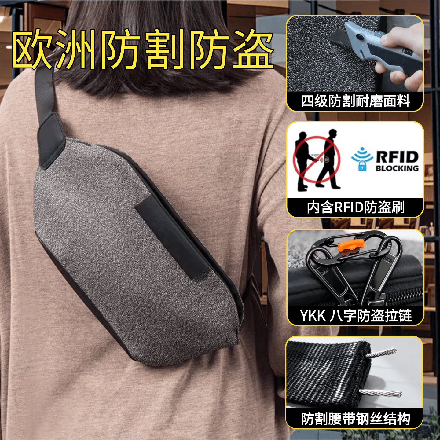 RFID防割防盗出国旅游斜挎腰包