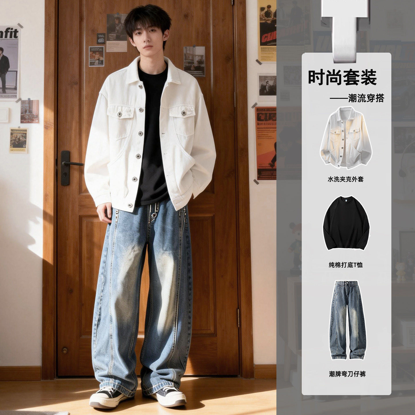 CLARALEE牛仔套装男生春季时尚工装夹克高级感帅气男装穿搭一整套