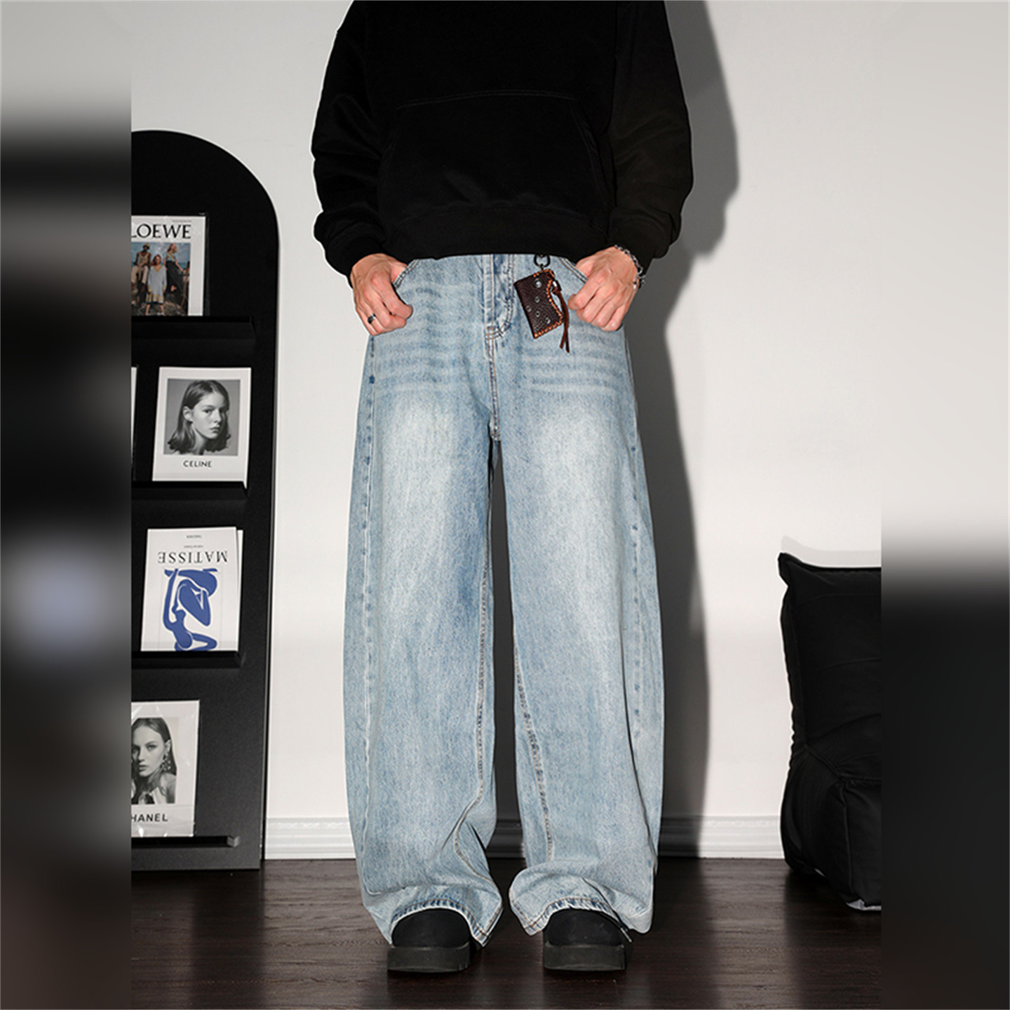 CLARALEE复古牛仔裤男春秋慵懒风宽松阔腿裤2026新款水洗做旧裤子