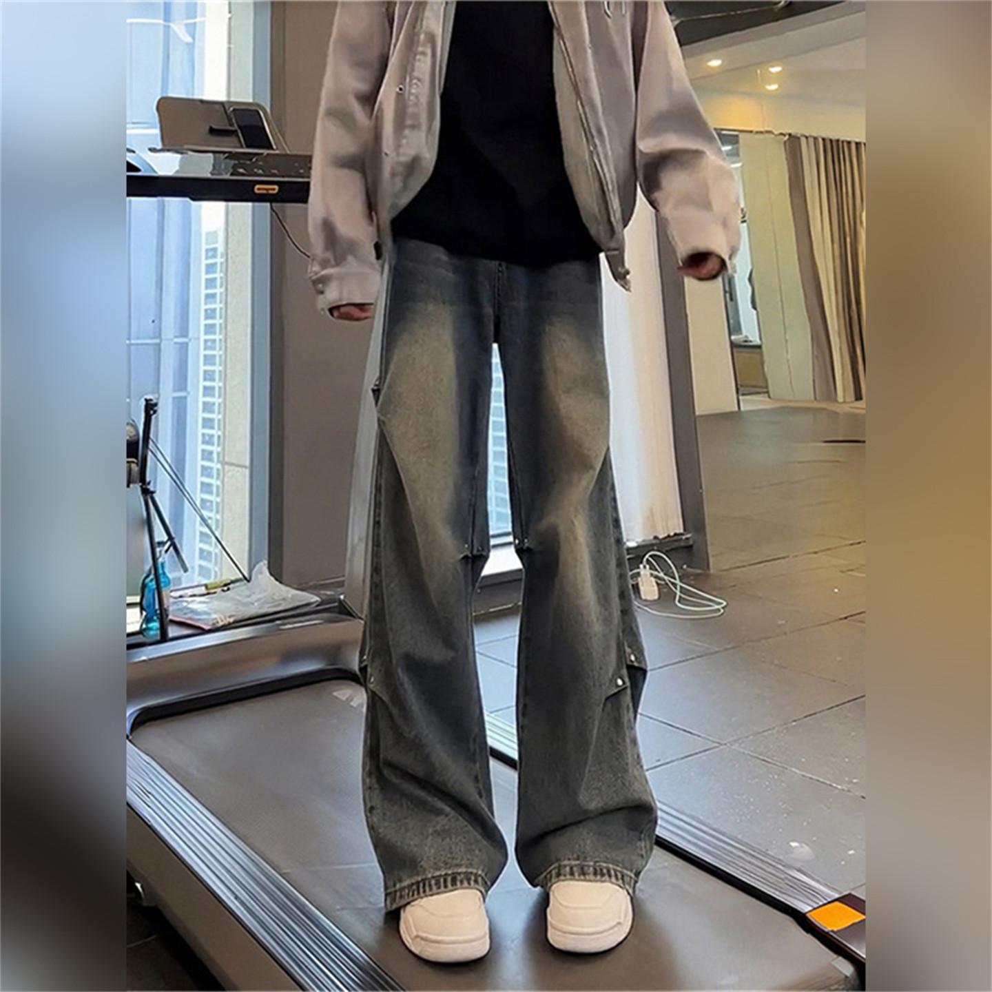 CLARALEE弯刀微喇牛仔裤男春秋季复古直筒裤美式褶皱铆钉工装裤子