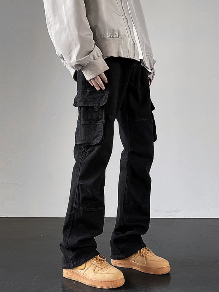CLARALEE黑色工装牛仔裤男春秋季多口袋休闲裤美式高街修身直筒裤