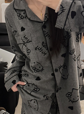 日本GP纯棉长袖睡衣女春秋季灰色hellokitty卡通开衫家居服套装潮